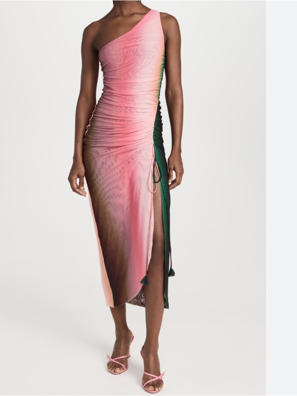 MISA SIRENA ONE-SHOULDER OMBRE MESH MIDI DRESS PINK/GREEN